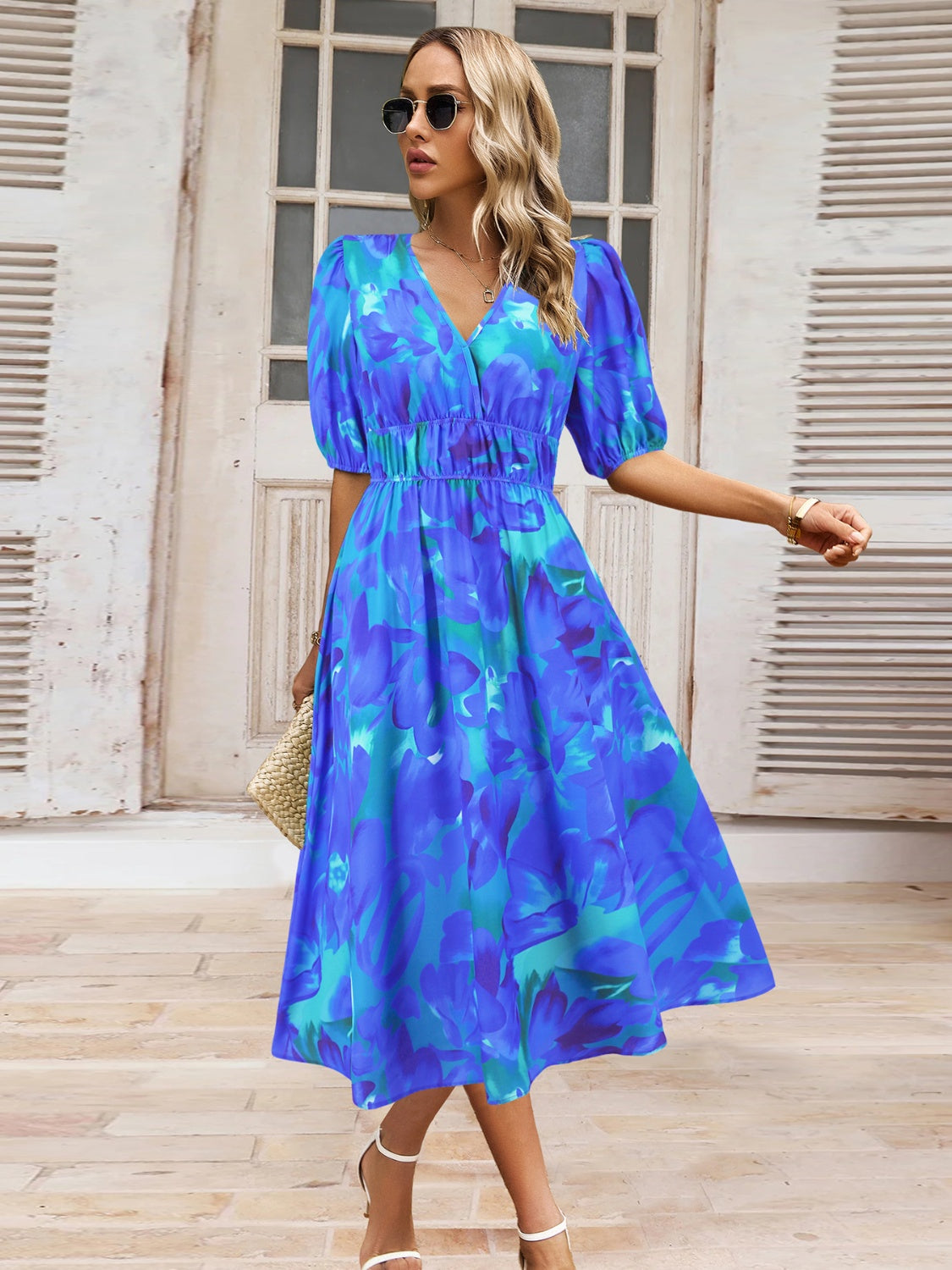 Ruched Printed Surplice Short Sleeve Dress - Babbazon Boho Dress