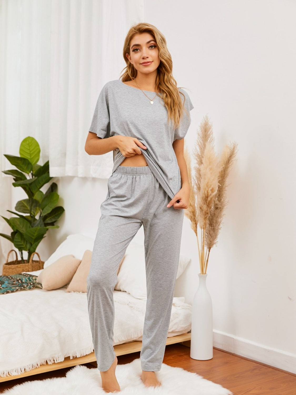 Boat Neck Top and Pants Lounge Set 