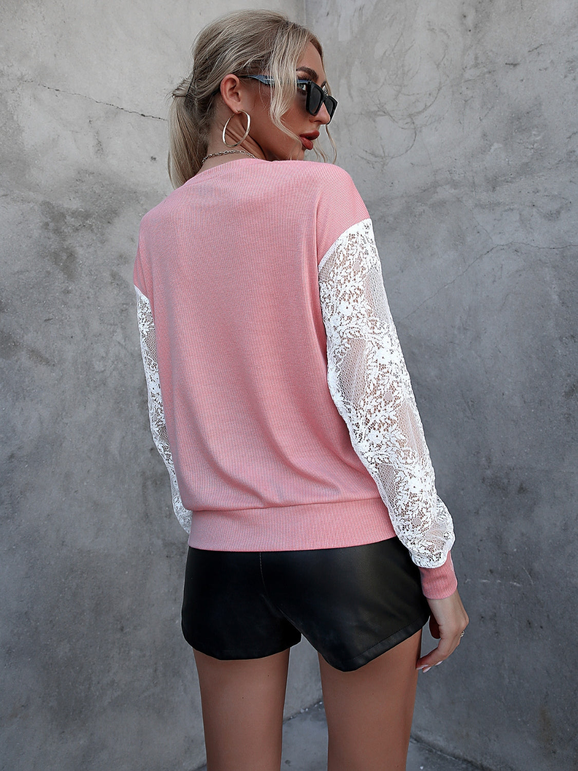 Lace Detail Round Neck Dropped Shoulder T-Shirt 