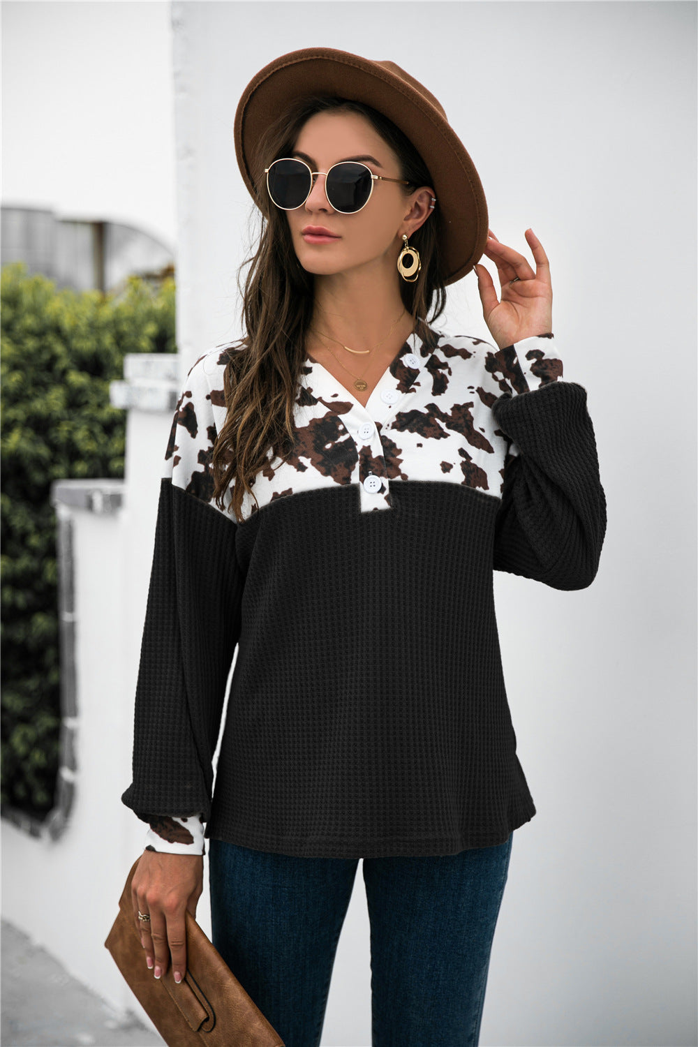 Animal Print Color Block Waffle-Knit Top 