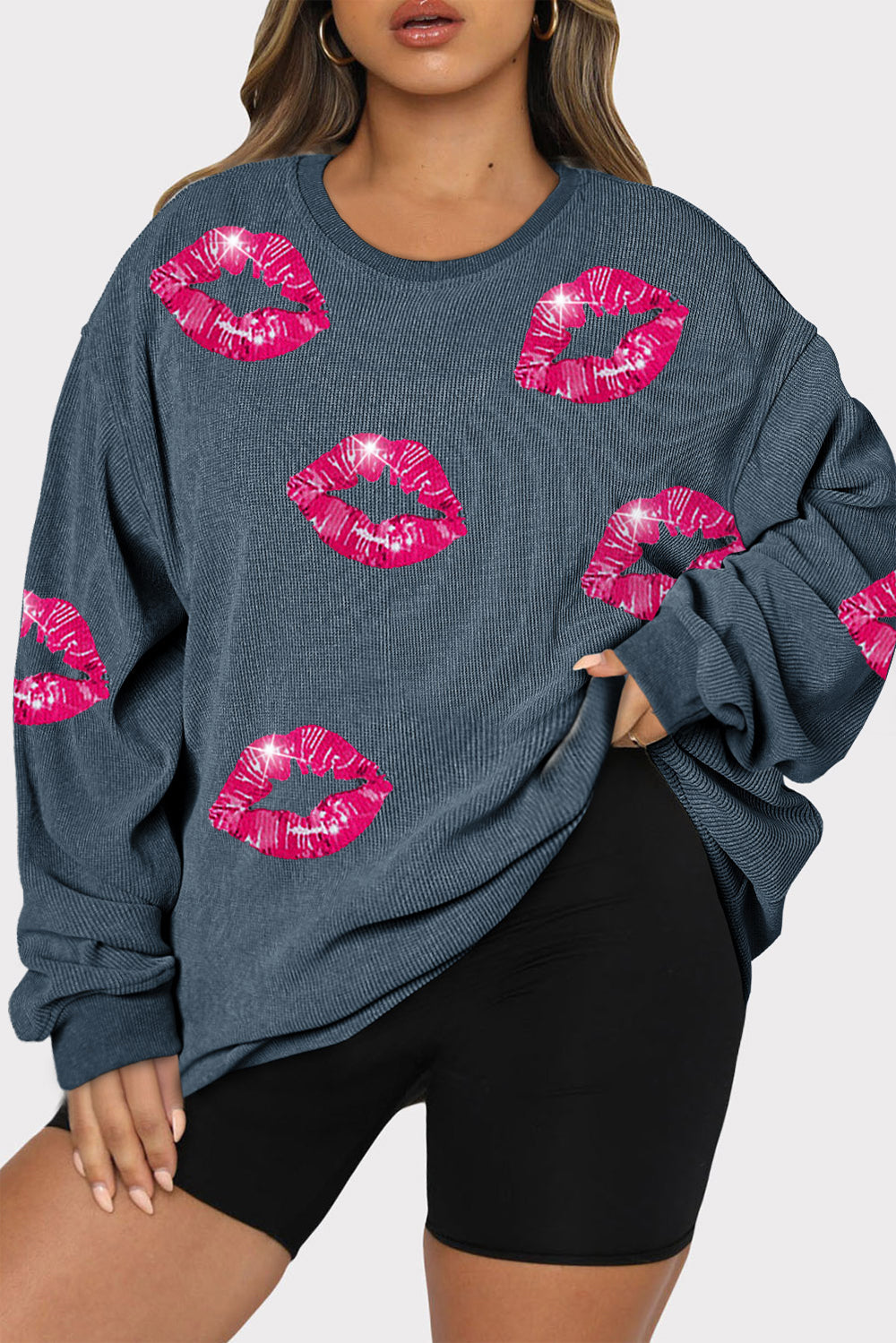 Plus Size Lip Ribbed Round Neck Sweatshirt - Babbazon sweatshirt