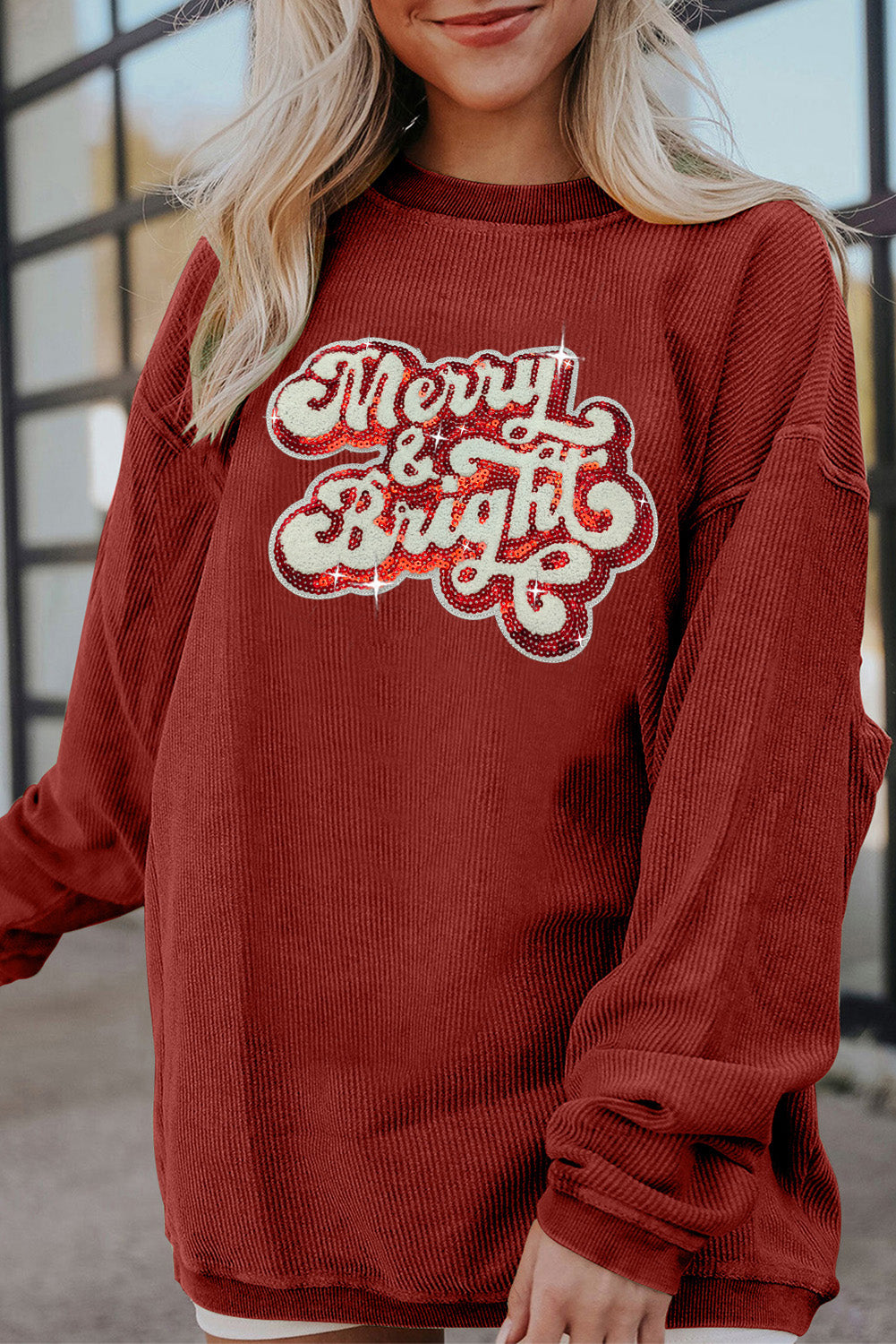 Ribbed Sequin Letter Graphic Round Neck Long Sleeve Sweatshirt 