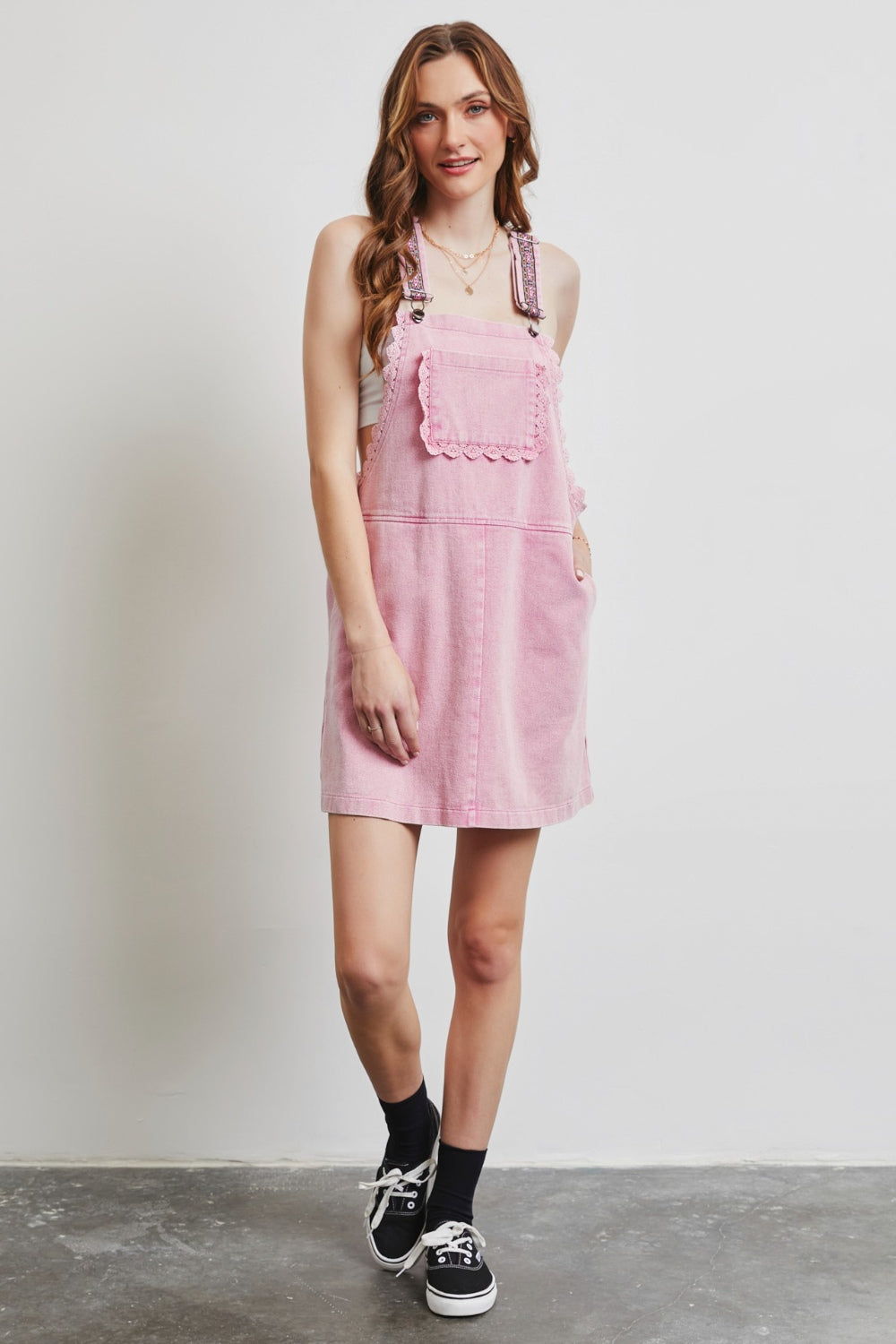 HEYSON Lace Trim Washed Overall Dress 