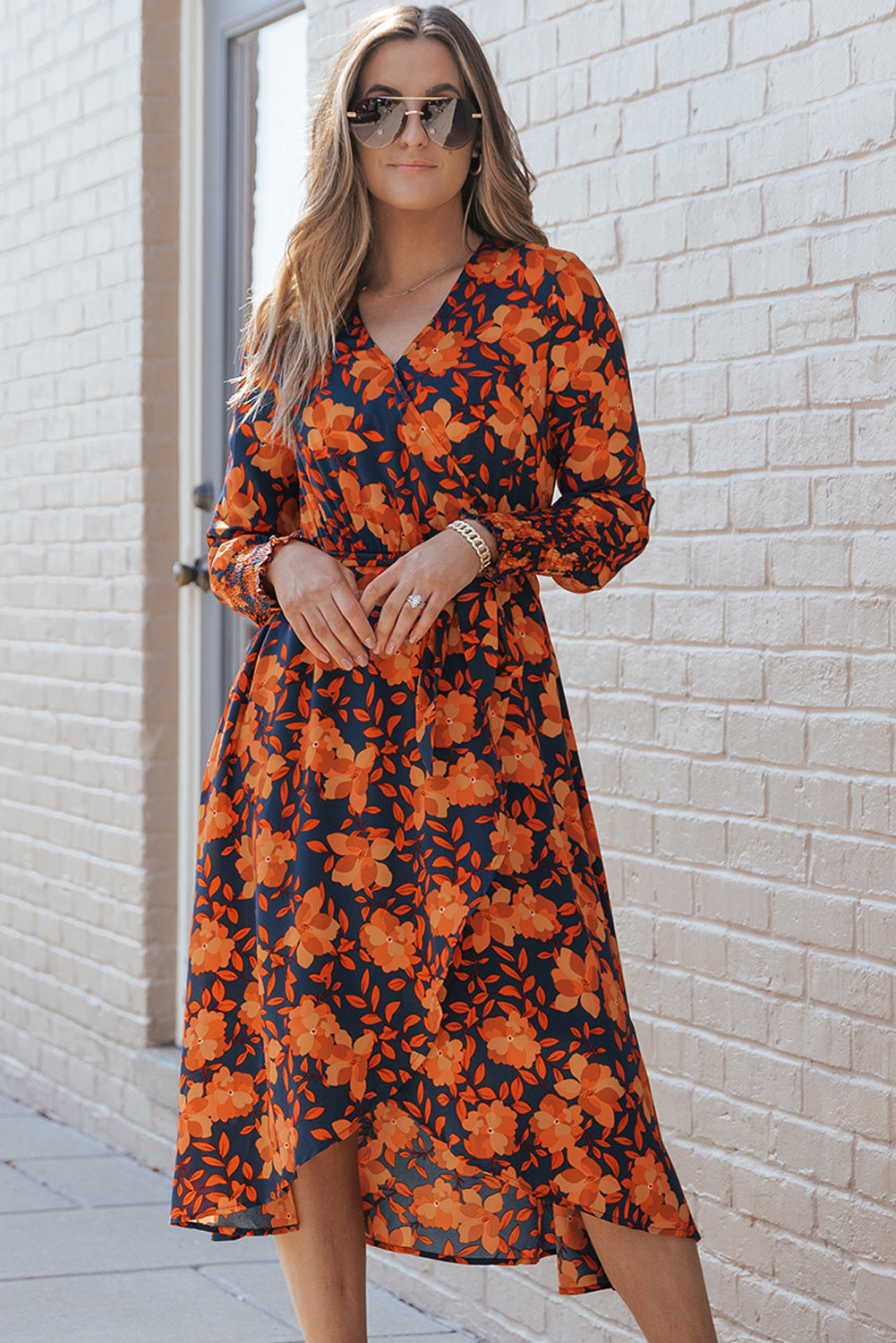 Printed Tie Front Smocked Long Sleeve Dress - Babbazon Midi Dress