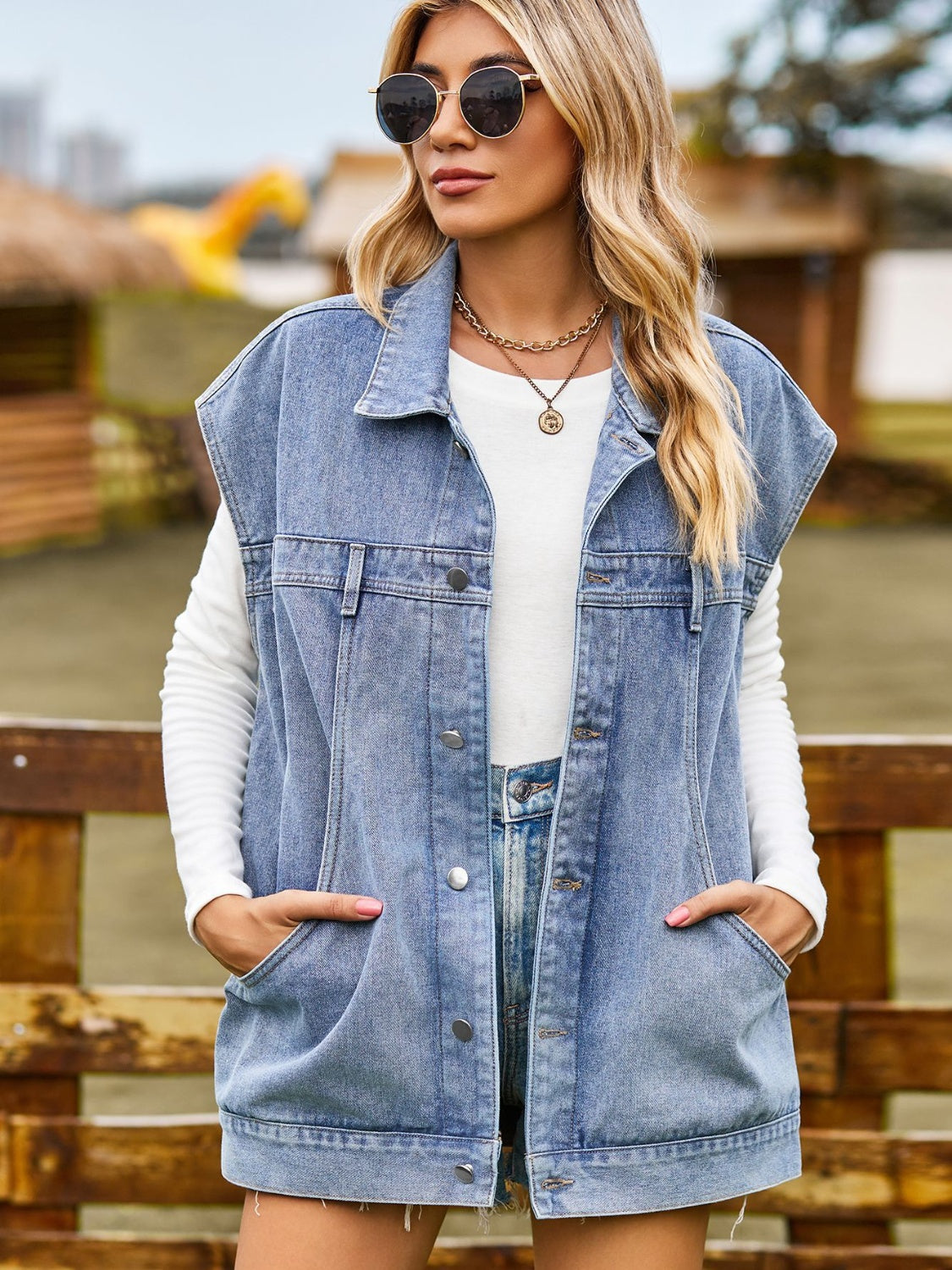 Button Up Collared Neck Sleeveless Denim Jacket 