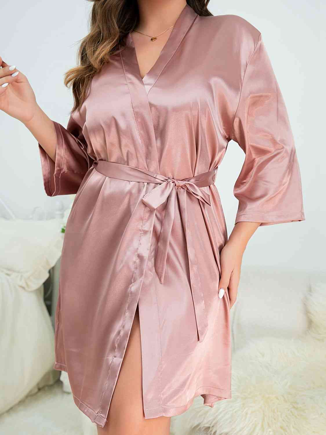 Plus Size Surplice Neck Tie Waist Robe - Babbazon loungewear