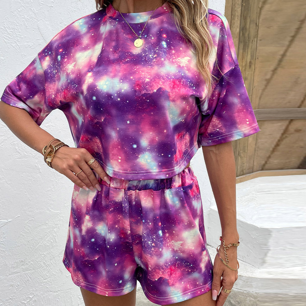 Tie Dye Round Neck Dropped Shoulder Half Sleeve Top and Shorts Set 