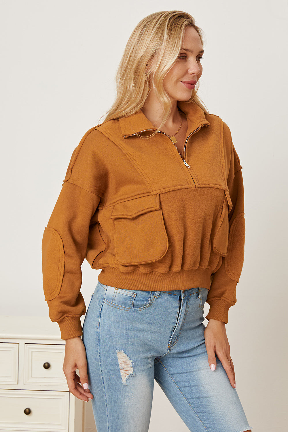 Half Zip Long Sleeve Sweatshirt with Pockets 