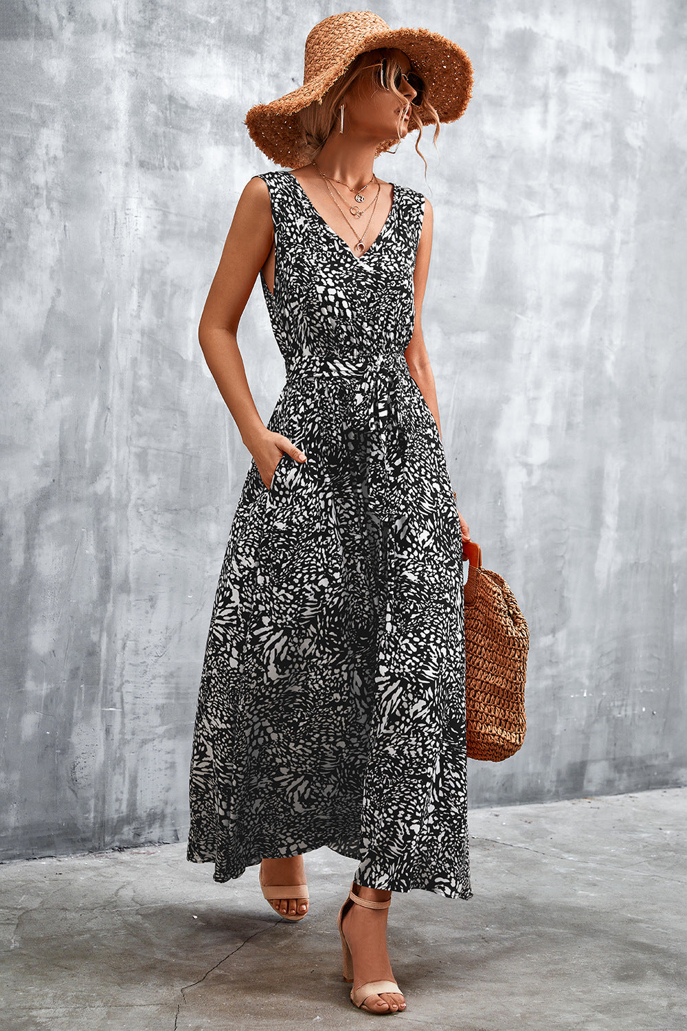 Printed V-Neck Tie Waist Maxi Dress 