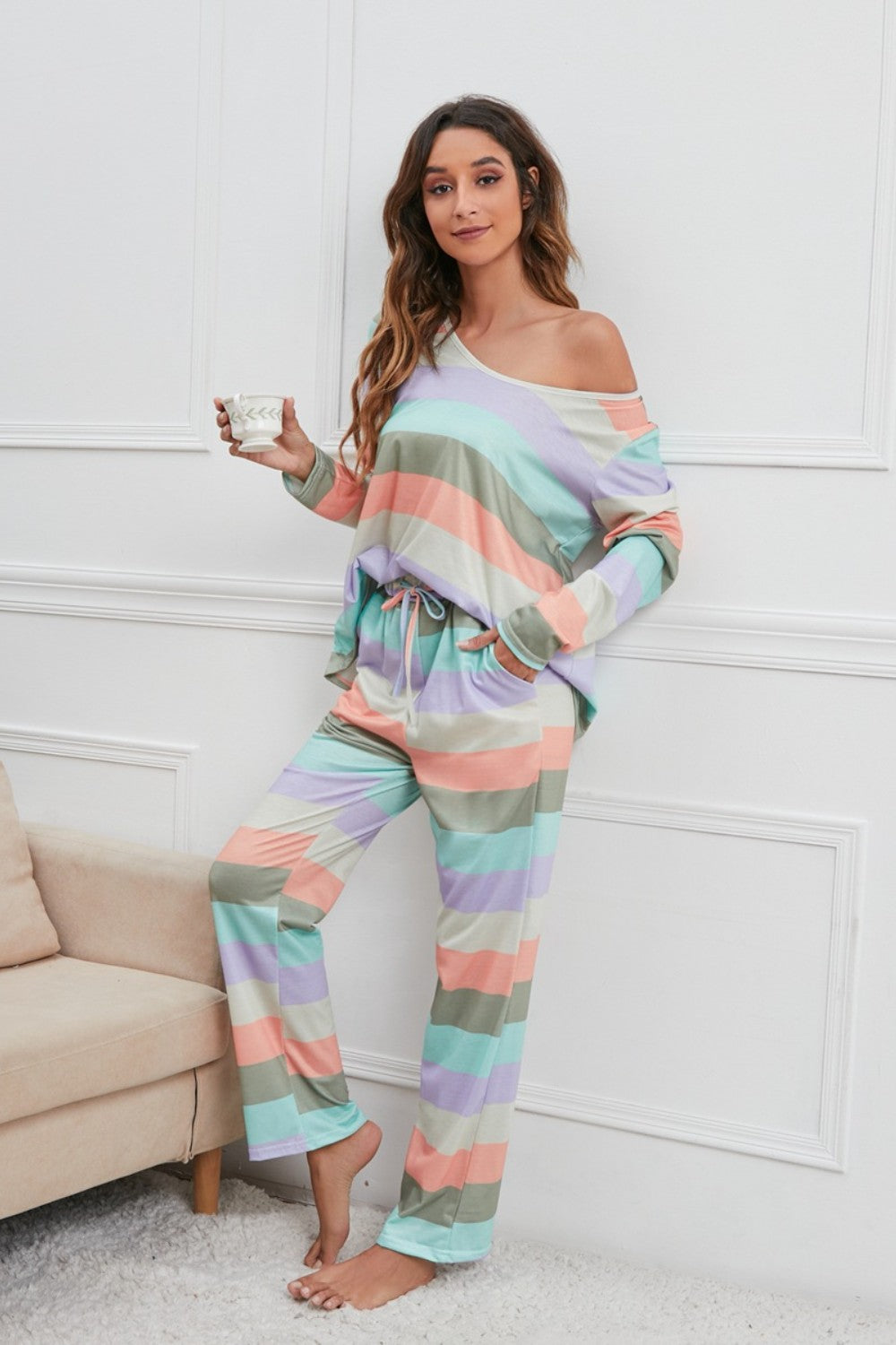 Striped Round Neck Long Sleeve Top and Drawstring Pants Lounge Set 