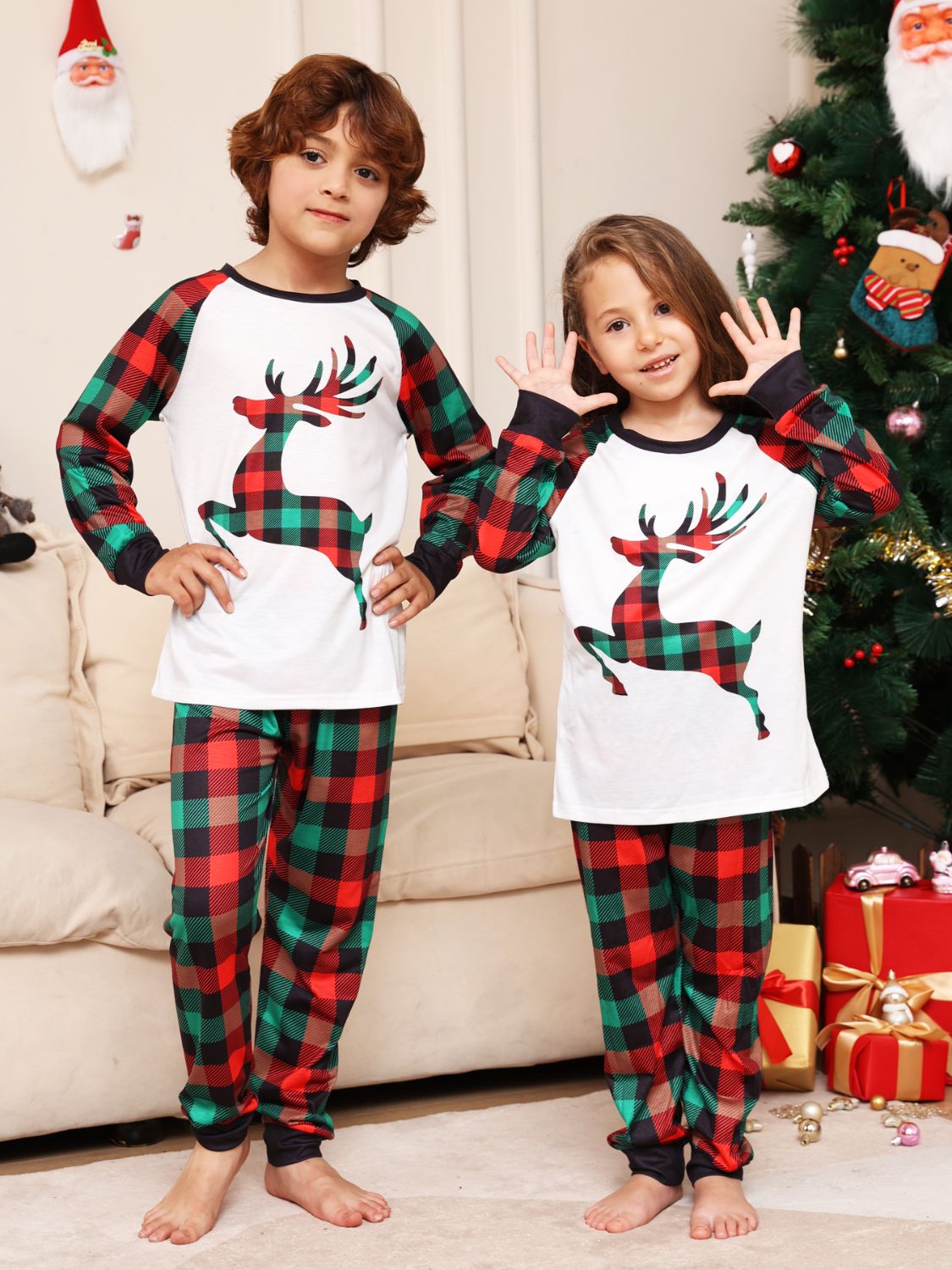 Reindeer Graphic Top and Plaid Pants Set 