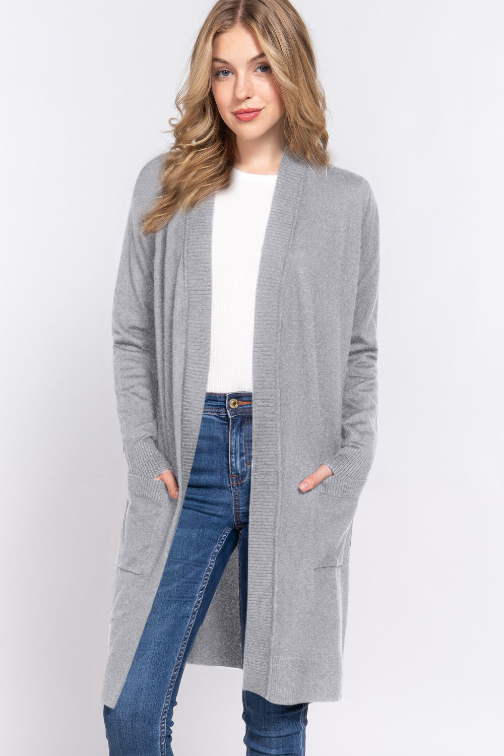 ACTIVE BASIC Open Front Rib Trim Long Sleeve Knit Cardigan 