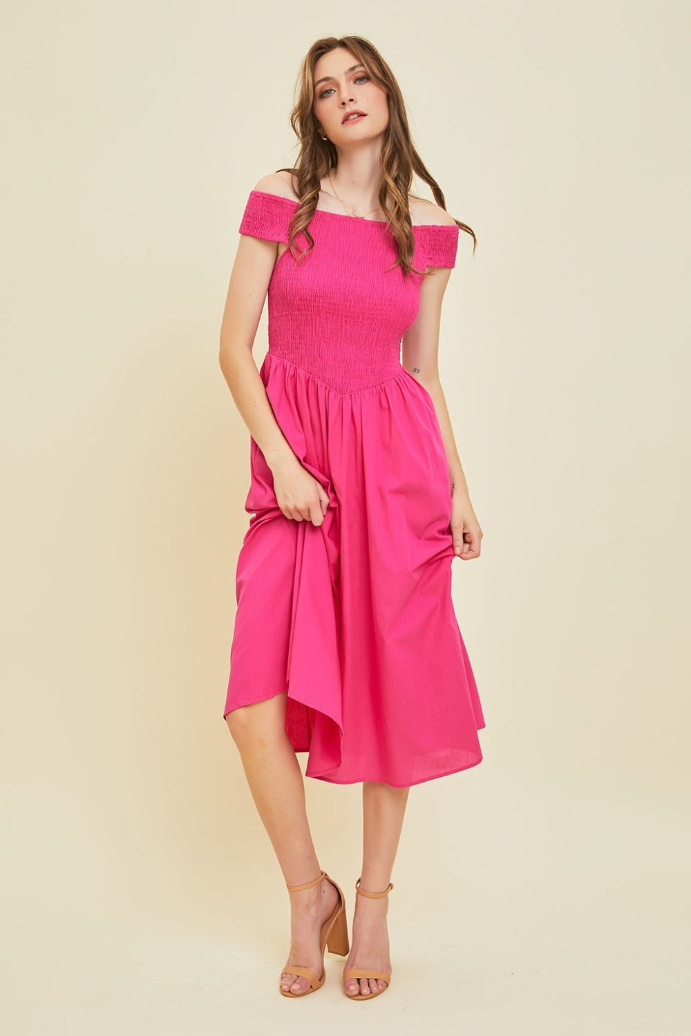 HEYSON Off-Shoulder Smocked Midi Dress 