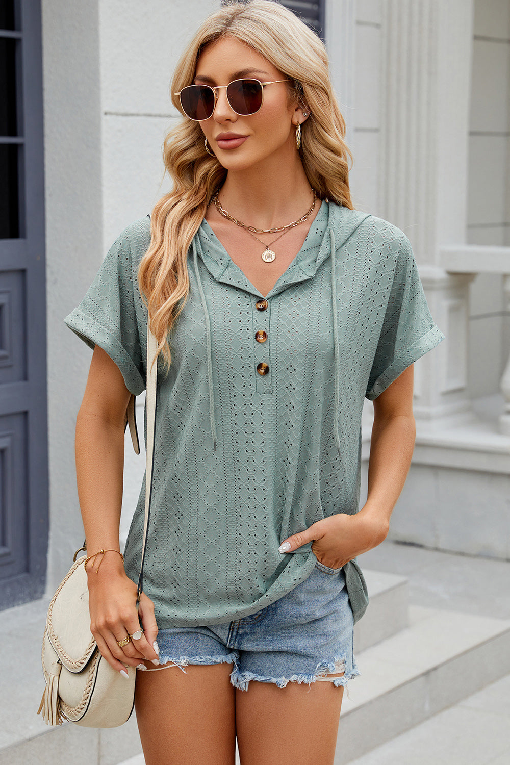 Eyelet Drawstring Hooded Short Sleeve Blouse 