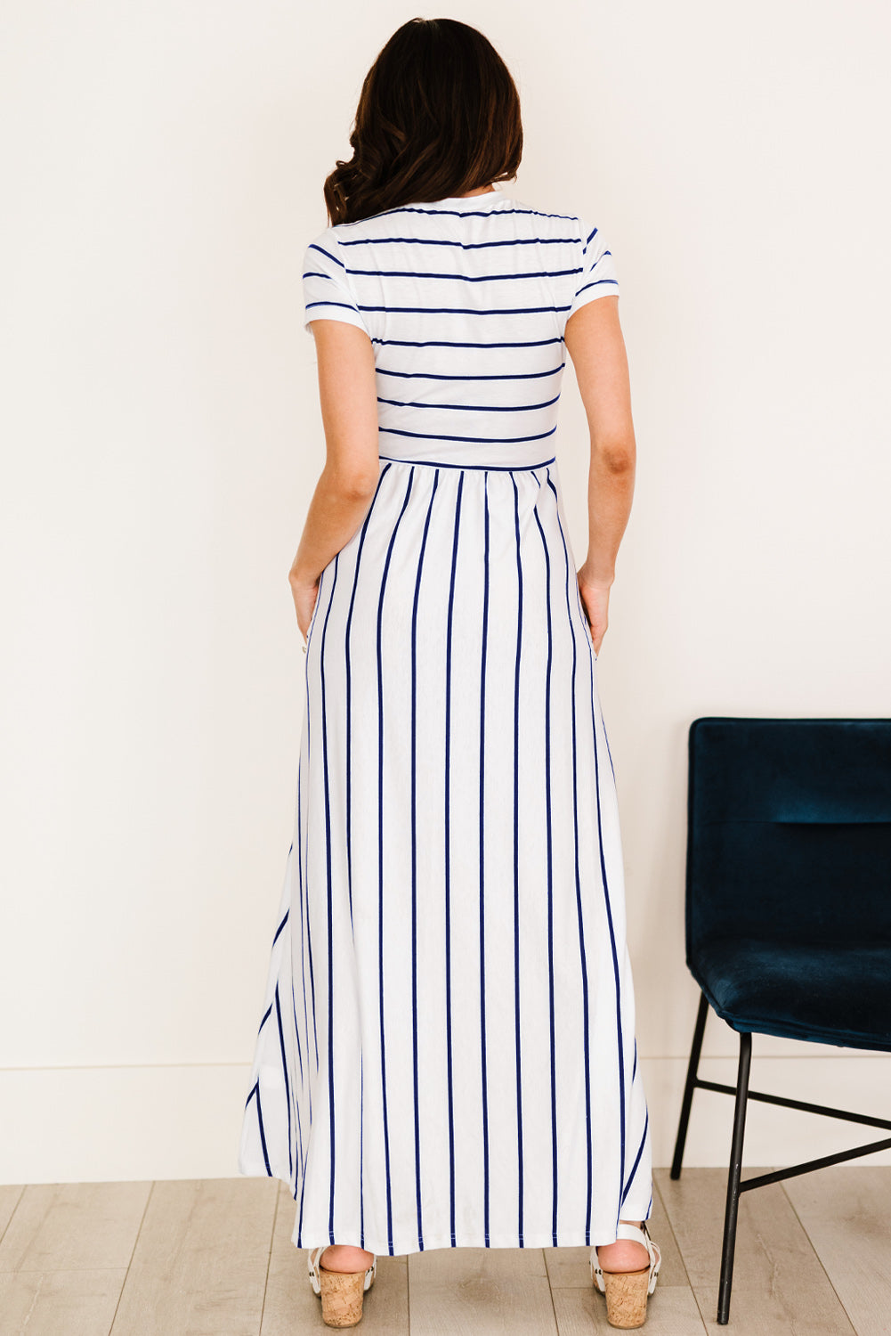 Striped Short Sleeve Crewneck Maxi Dress 