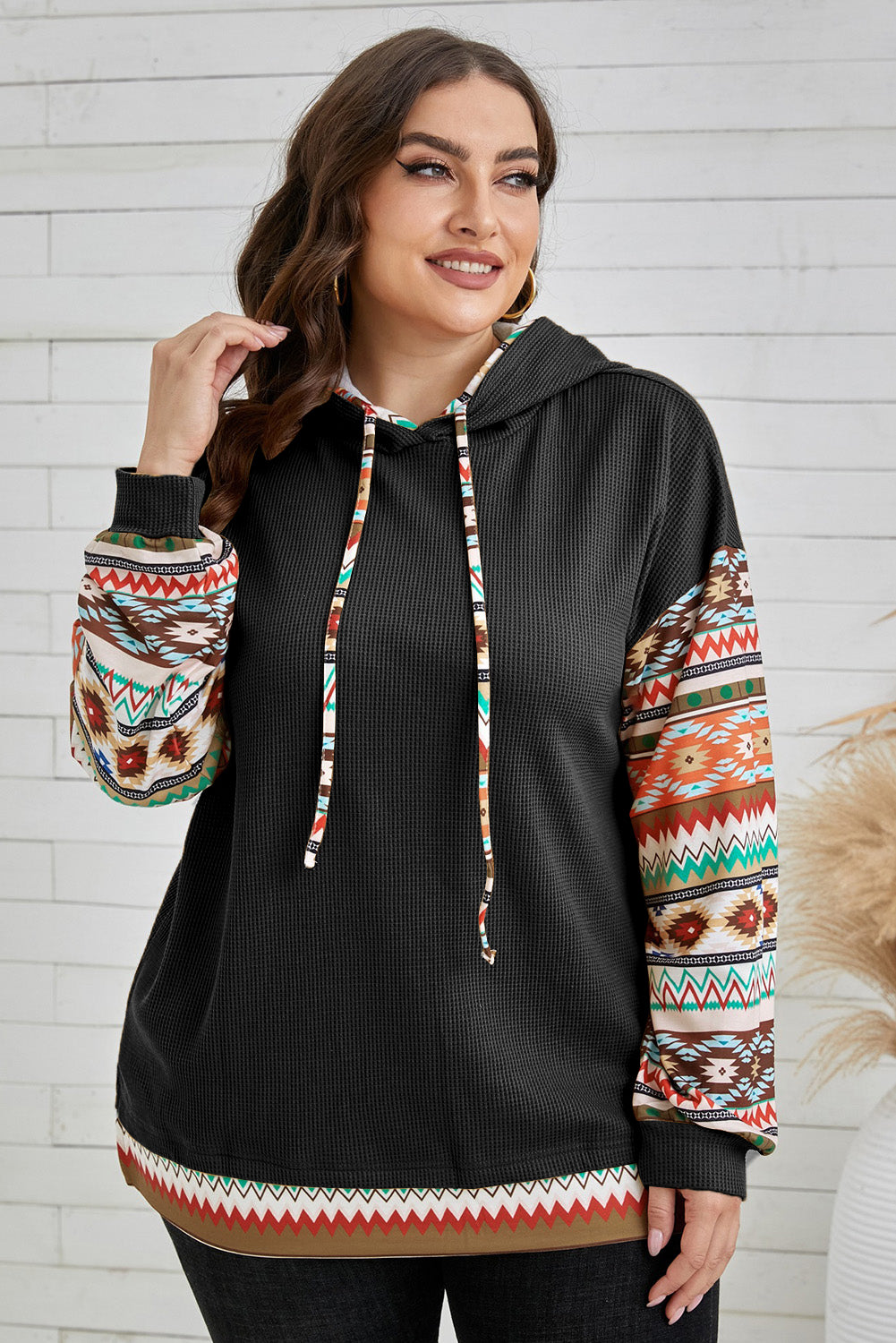 Plus Size Waffle-Knit Geometric Dropped Shoulder Hoodie 