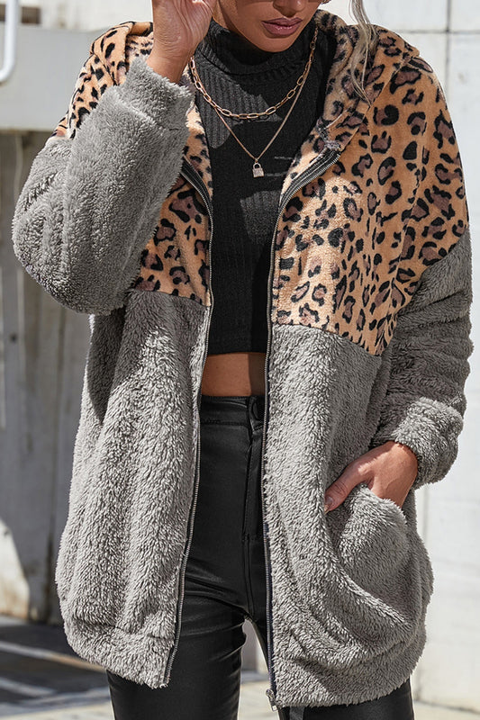 Leopard Zip Up Dropped Shoulder Hoodie 