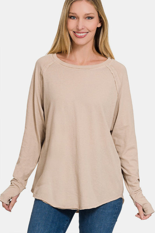 Zenana Round Neck Thumbhole Long Sleeve Top 