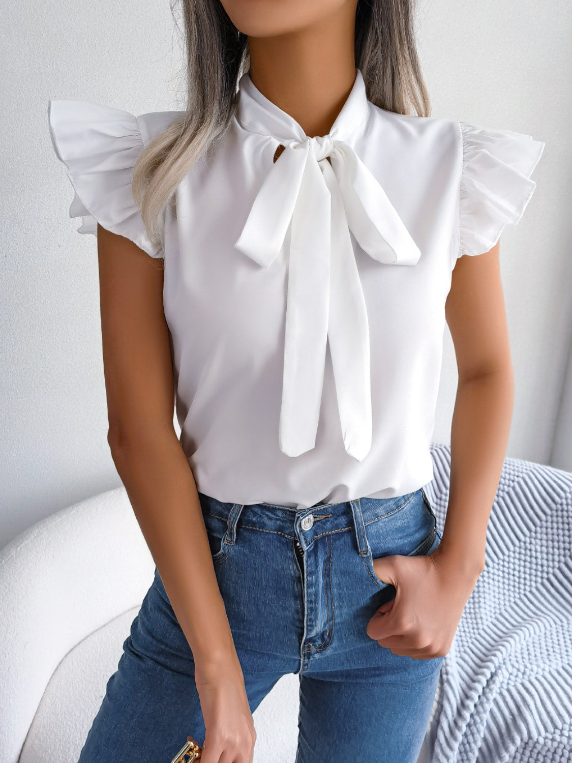 Tie  Neck Cap Sleeve Blouse 