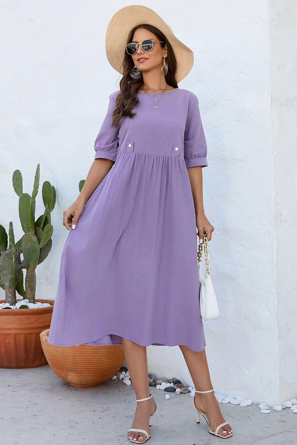 Decorative Button Round Neck Half Sleeve Dress 