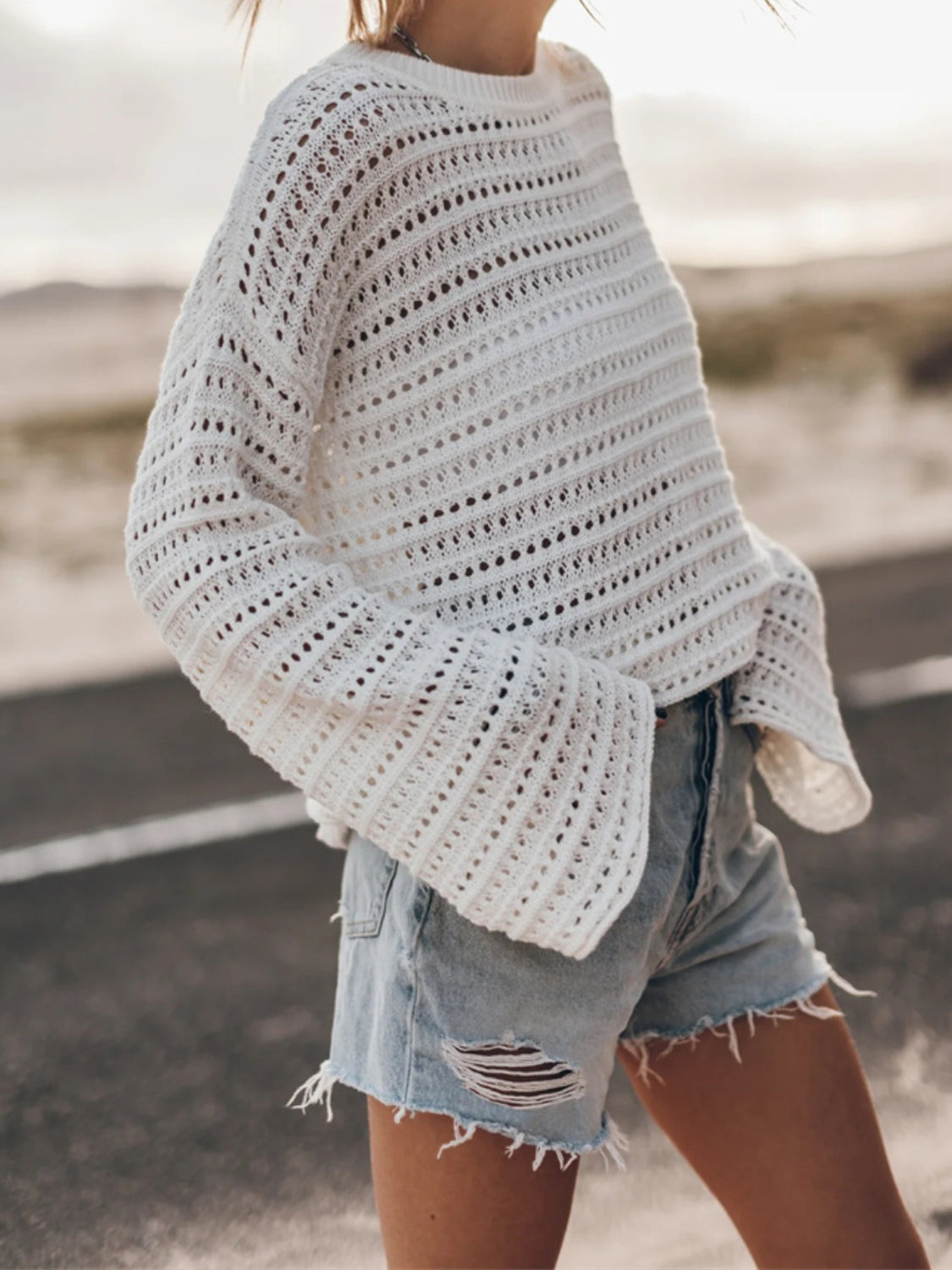 Openwork Round Neck Dropped Shoulder Knit Top 