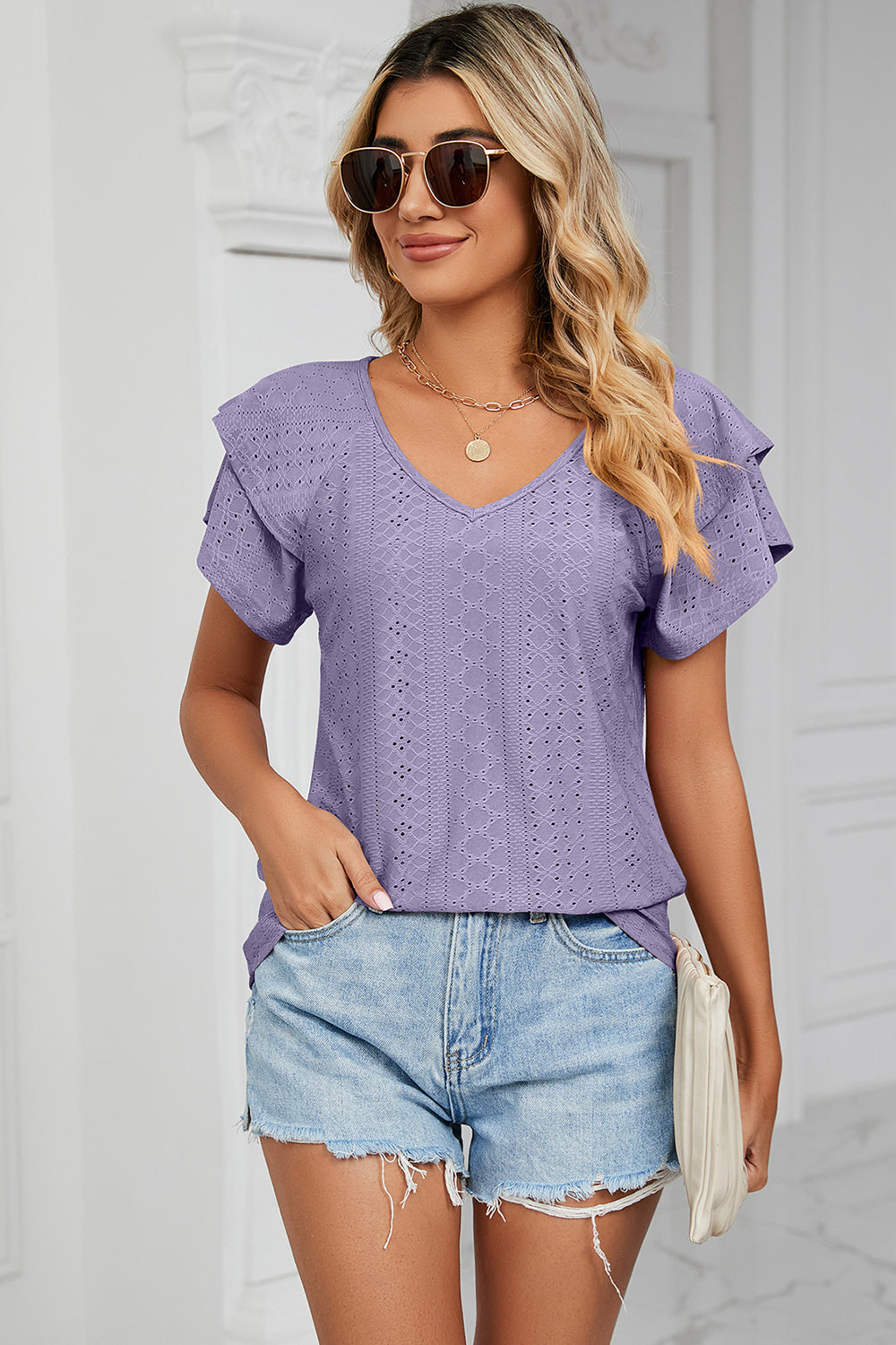 Eyelet V-Neck Short Sleeve T-Shirt 