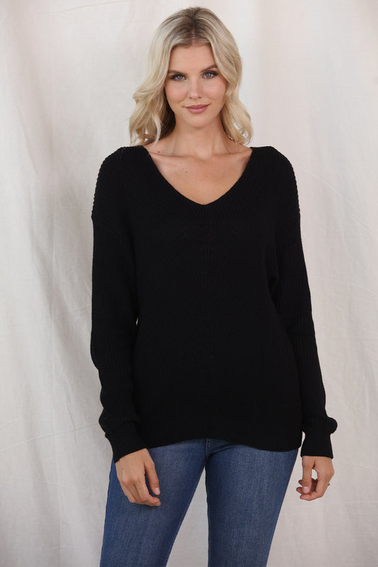 V-Neck Long Sleeve Knit Top - Babbazon Tops