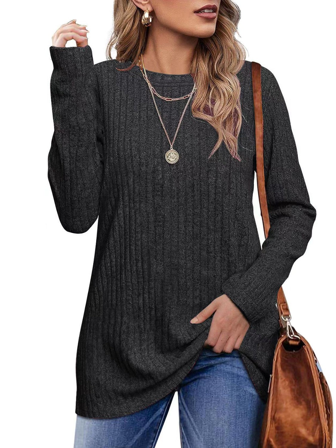 Ribbed Round Neck Long Sleeve Blouse