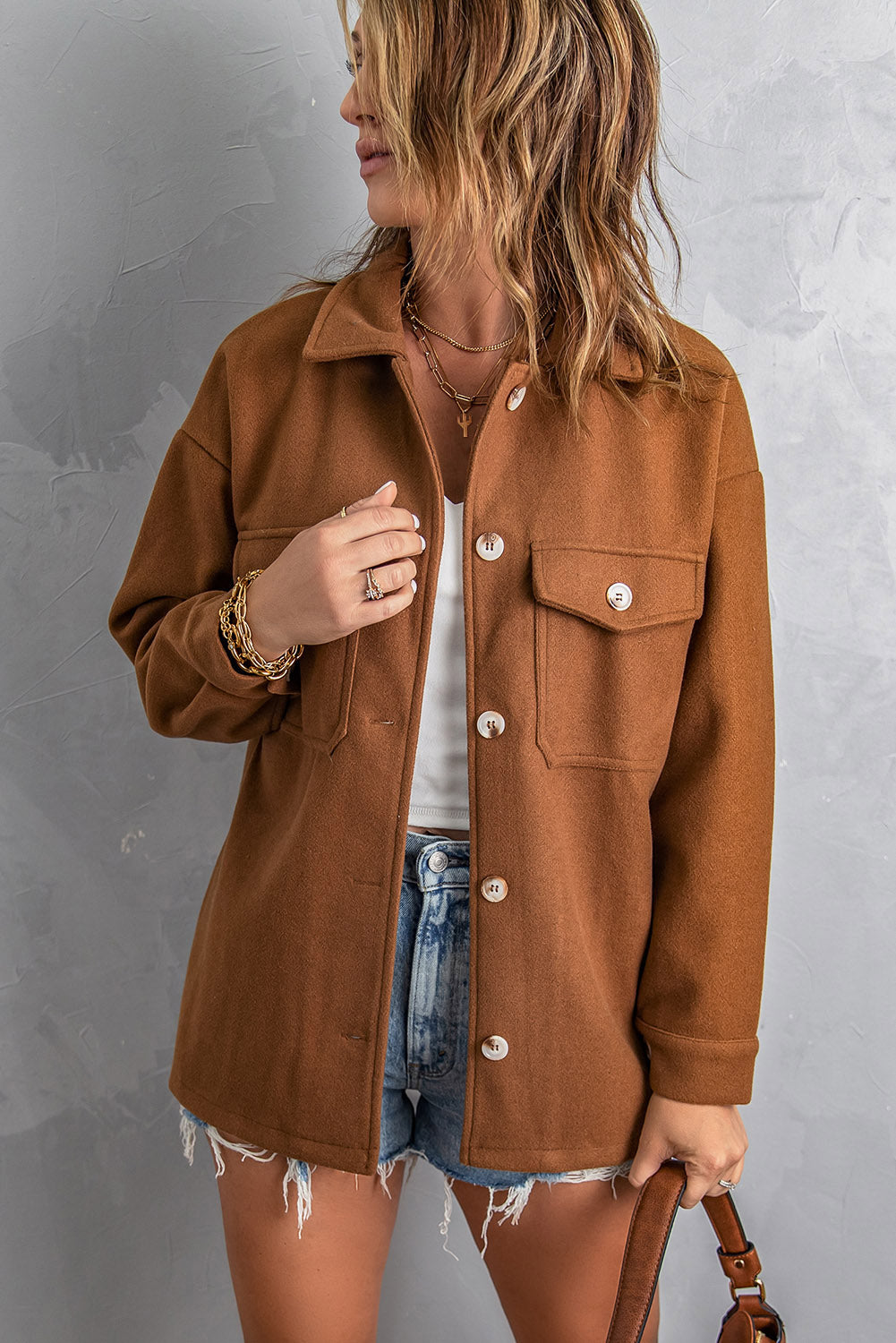 Pocketed Button Up Dropped Shoulder Jacket 