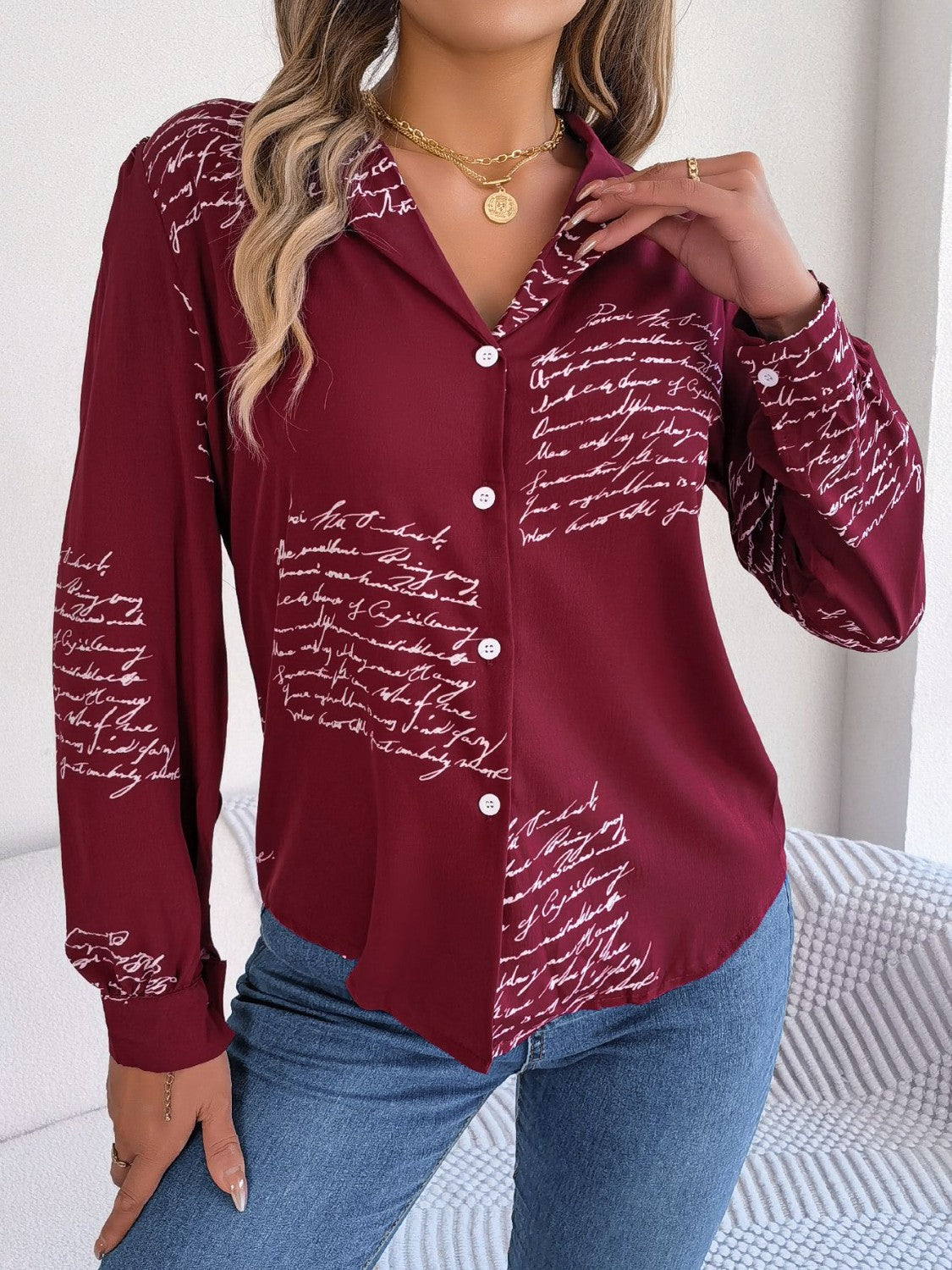 Letter Printed Button Up Long Sleeve Blouse 