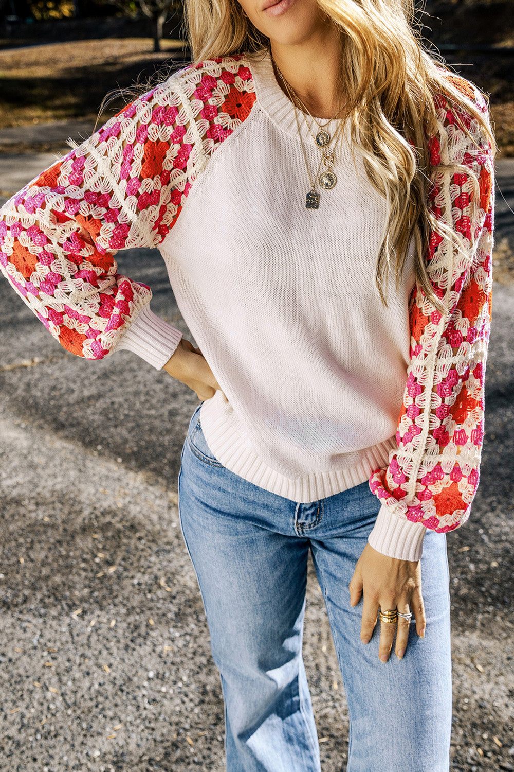 Flower Element Openwork Round Neck Sweater 