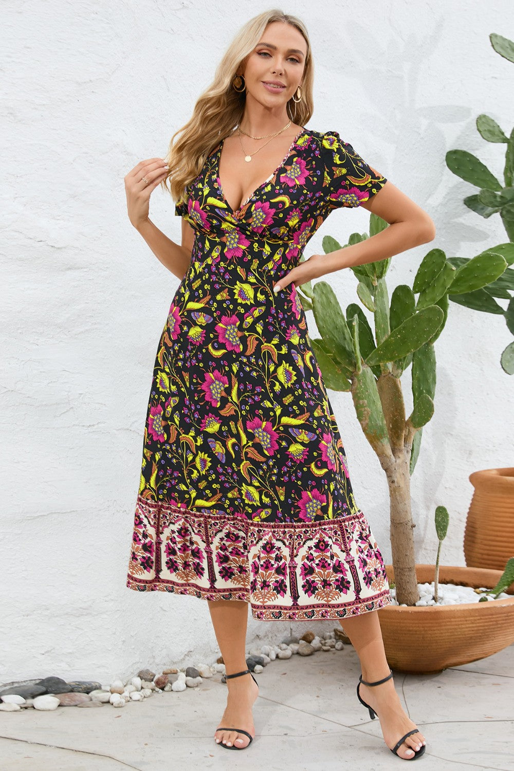 Printed Surplice Short Sleeve Dress 