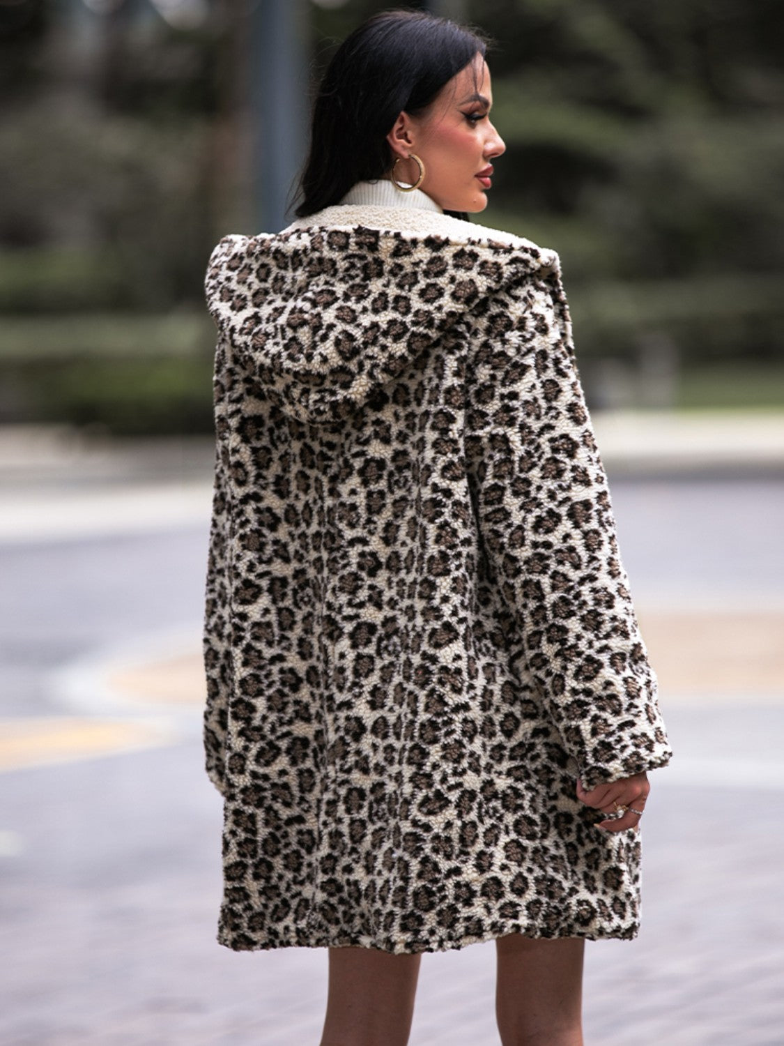 Leopard Hooded Coat with Pockets 