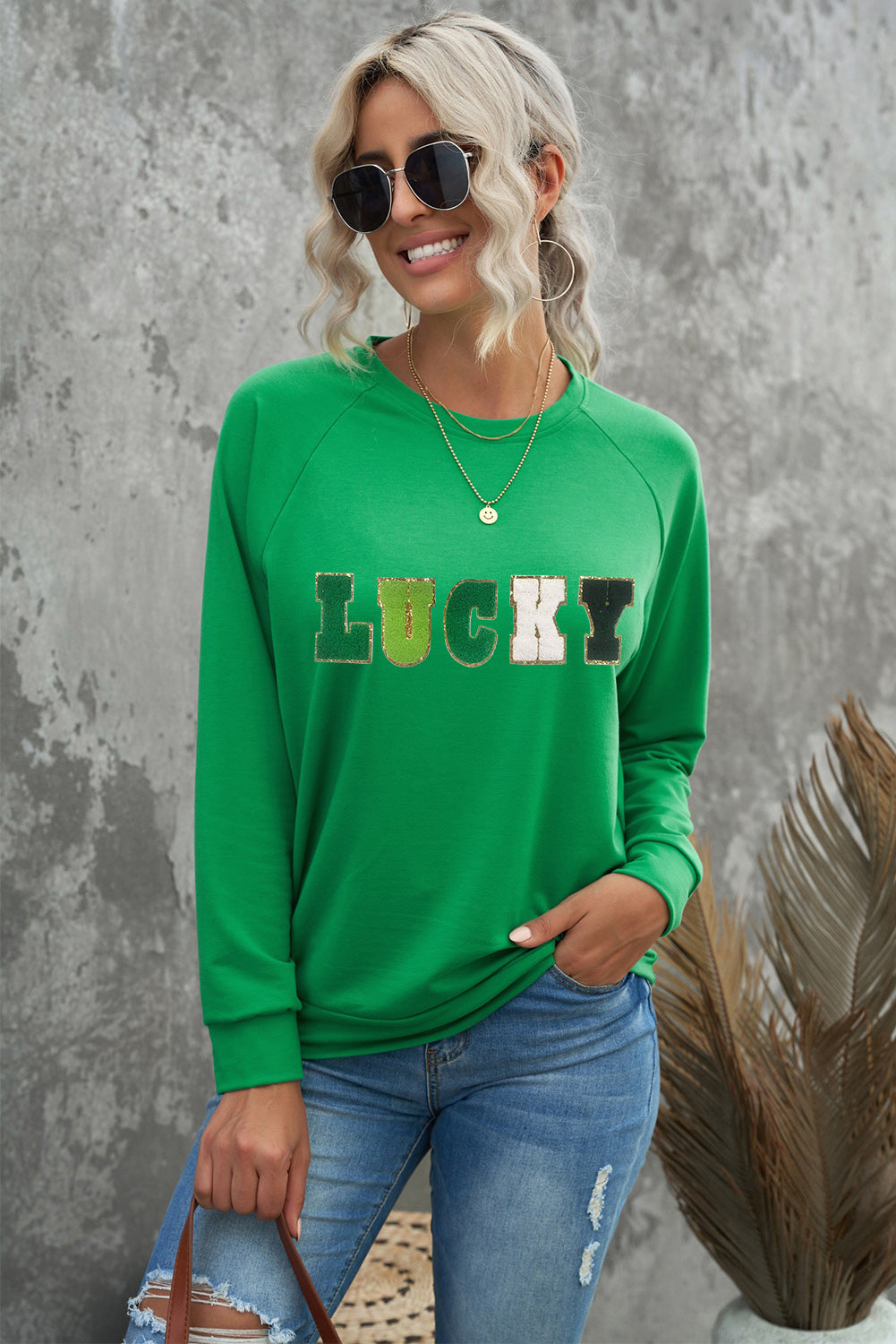 LUCKY Round Neck Raglan Sleeve Sweatshirt 