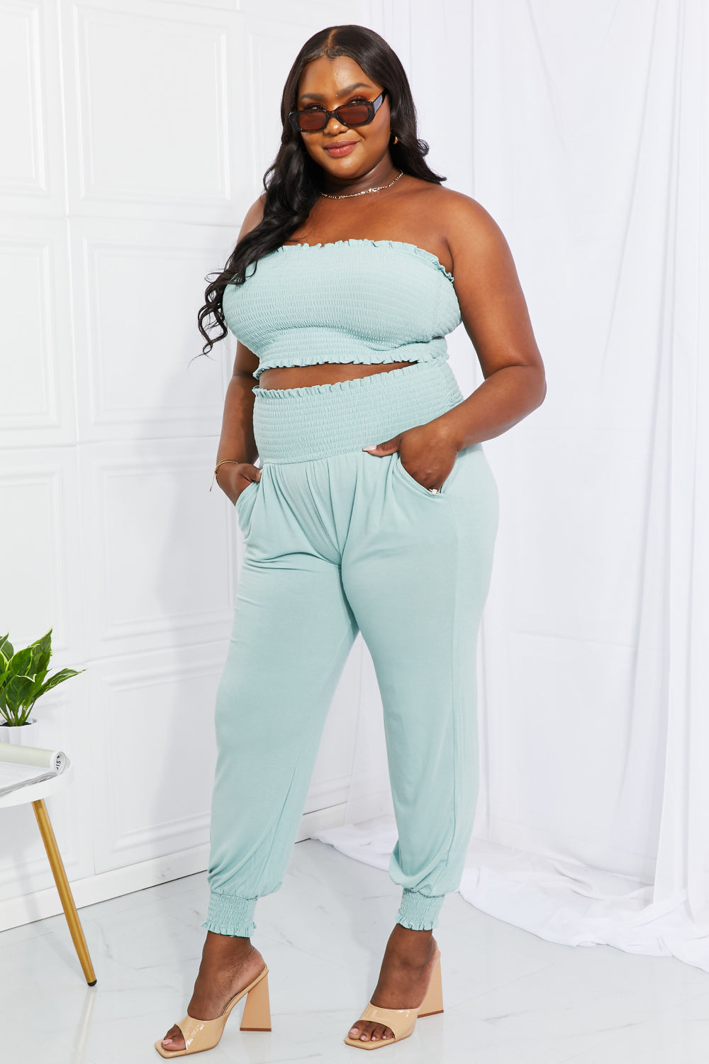 Zenana Full Size Stylish Comfort Smocked Tube Top & Joggers Set 