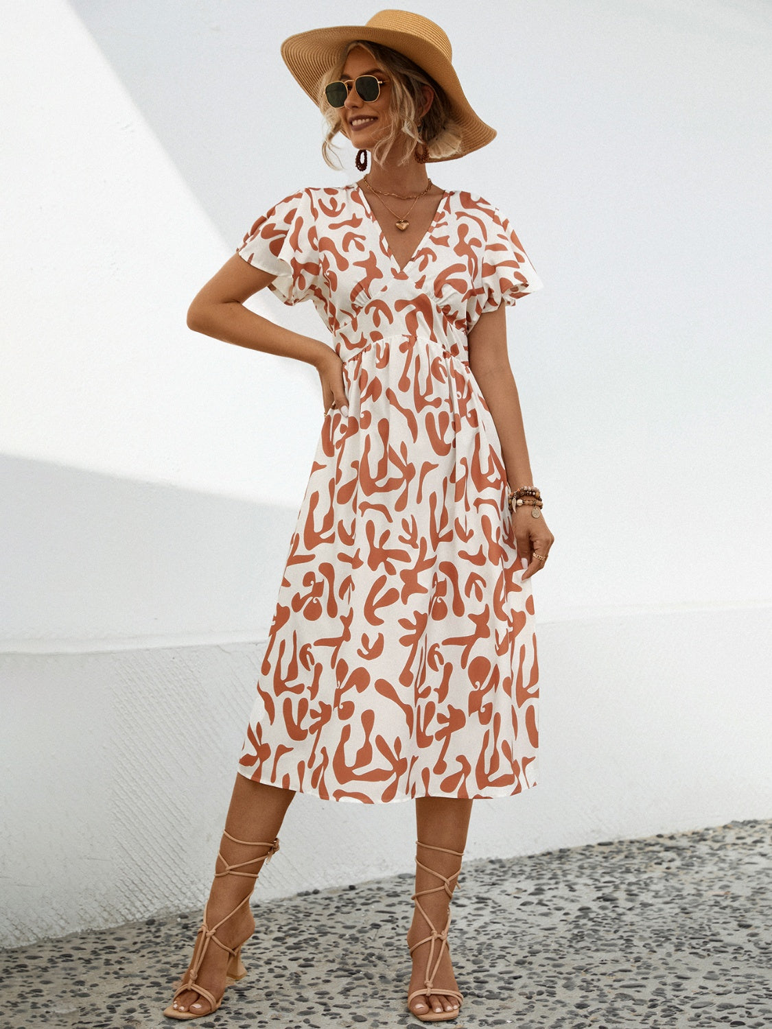 Printed V-Neck Short Sleeve Dress 