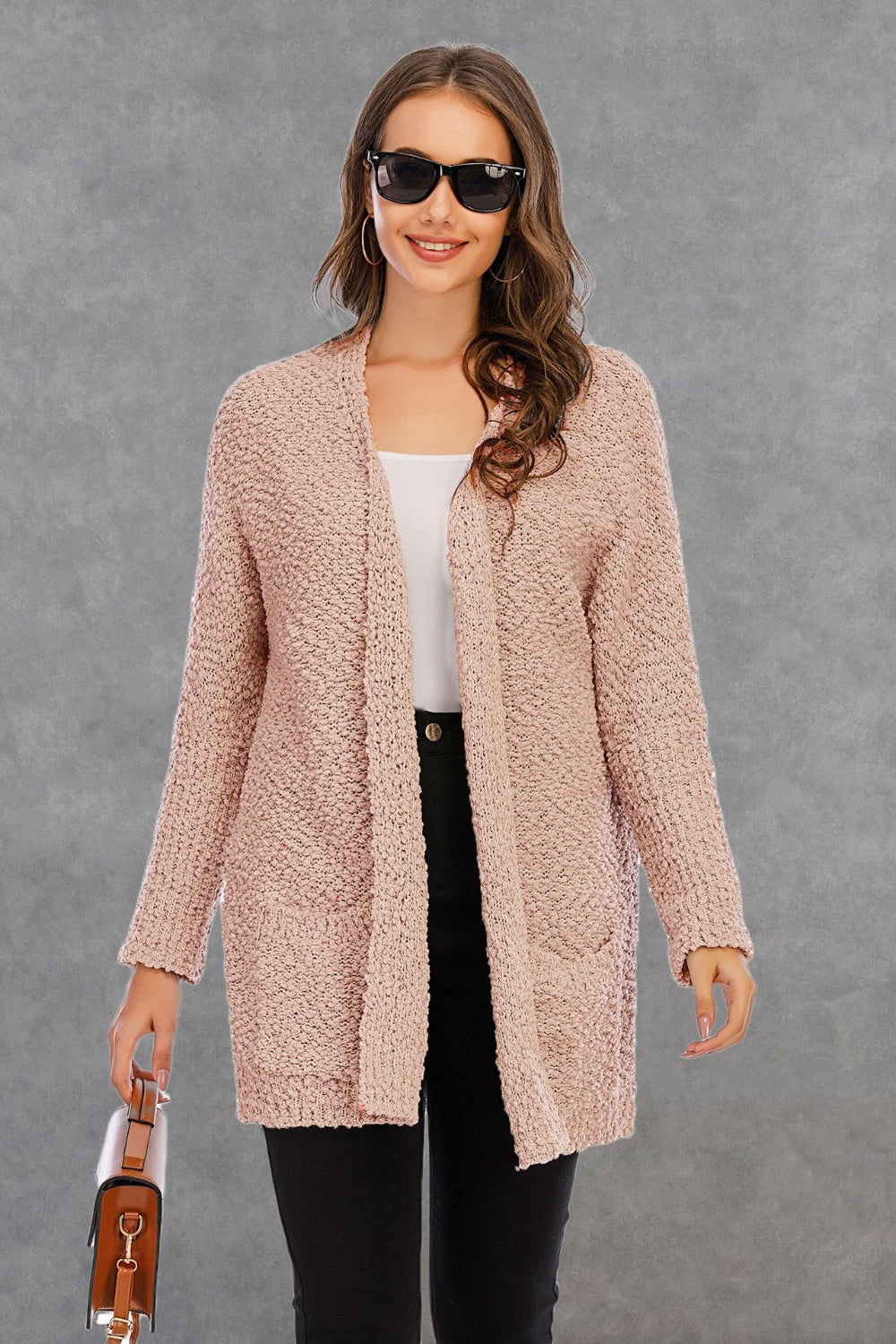 Pocketed Open Front Long Sleeve Cardigan 