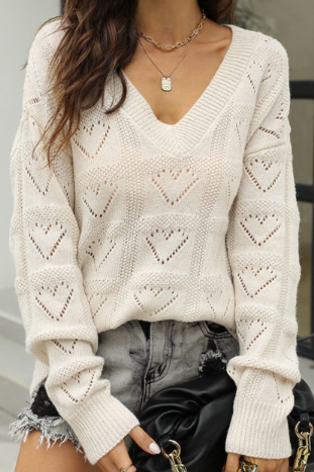 Openwork V-Neck Dropped Shoulder Sweater 