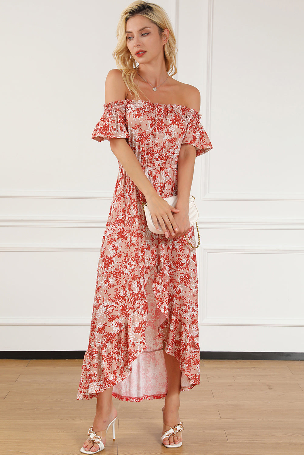 Smocked Off-Shoulder Ruffle Hem Dress 