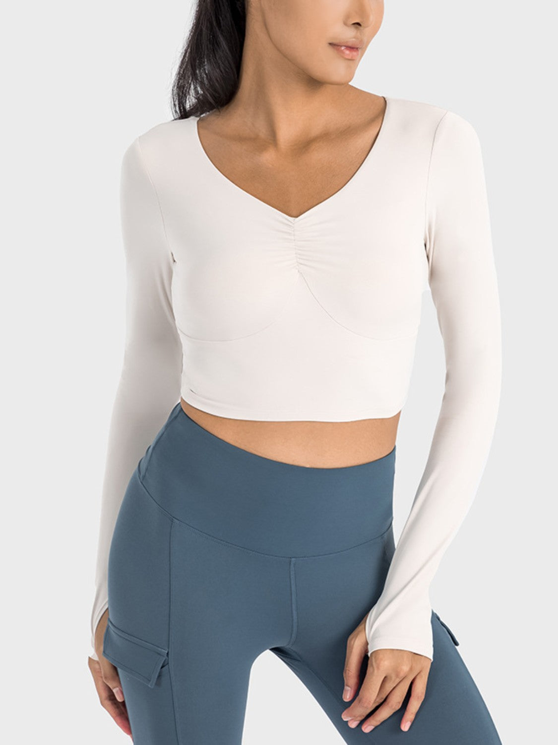 Ruched Cropped Long Sleeve Sports Top - Babbazon Tops