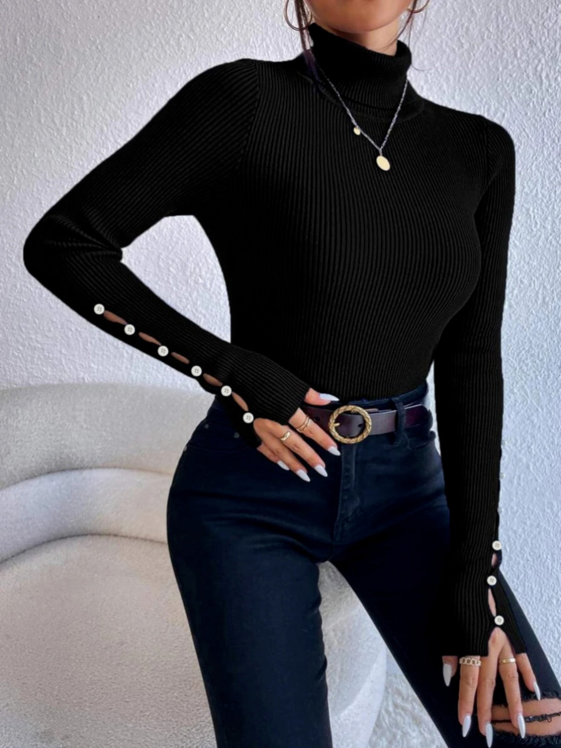 Cutout Turtleneck Rib-Knit Top 