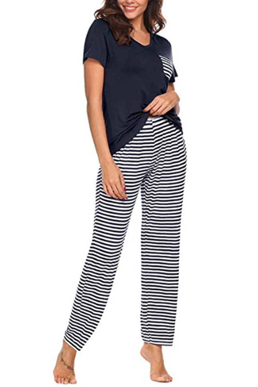 Pocketed Short Sleeve Top and Striped Pants Lounge Set 