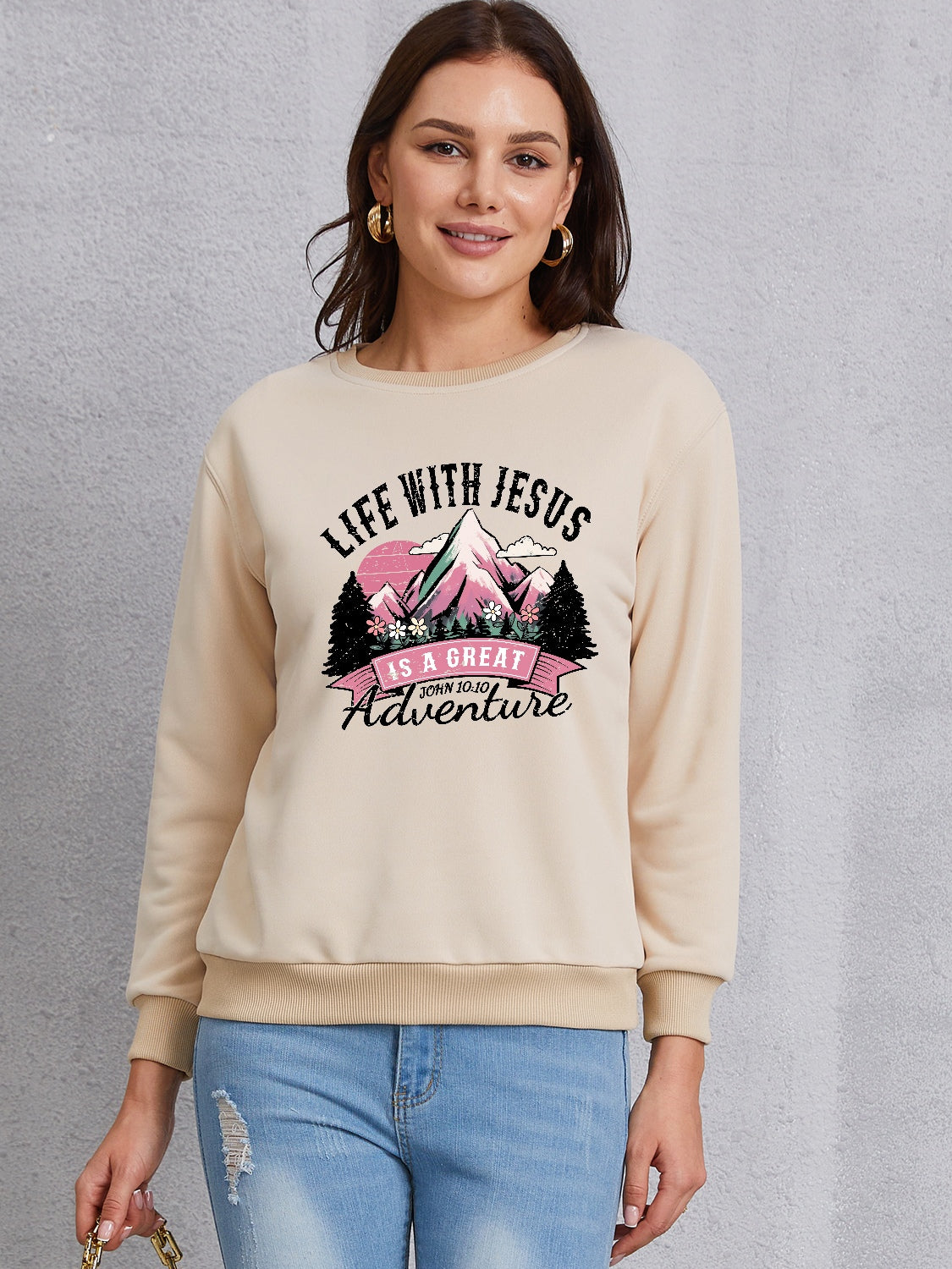 LIFE WITH JESUS IS A GREAT ADVENTURE Round Neck Sweatshirt 