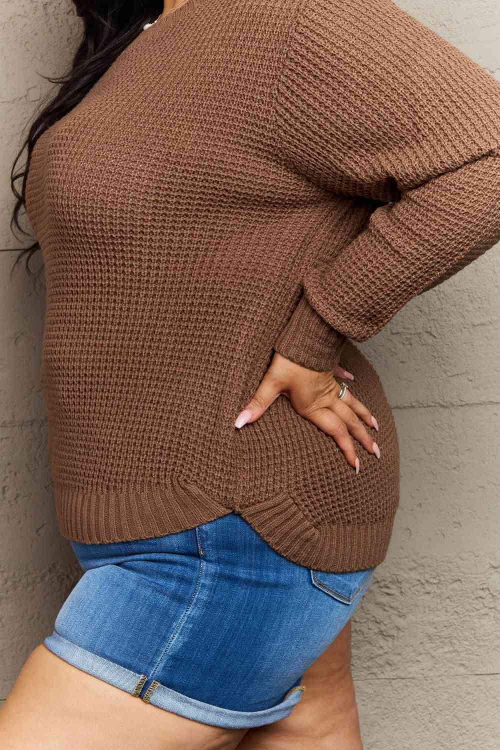 Zenana Breezy Days Plus Size High Low Waffle Knit Sweater 