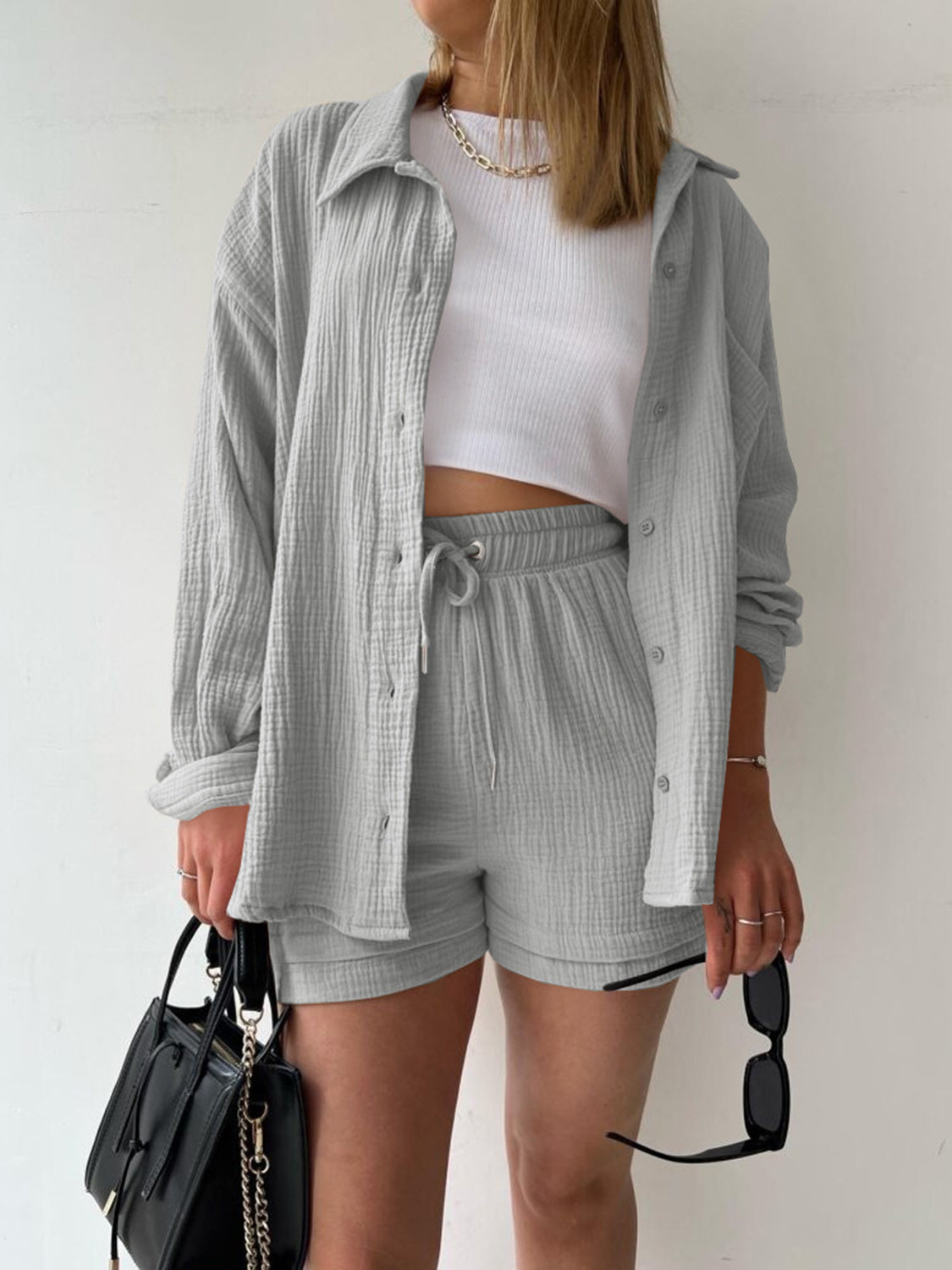 Texture Button Up Shirt and Drawstring Shorts Set - Babbazon