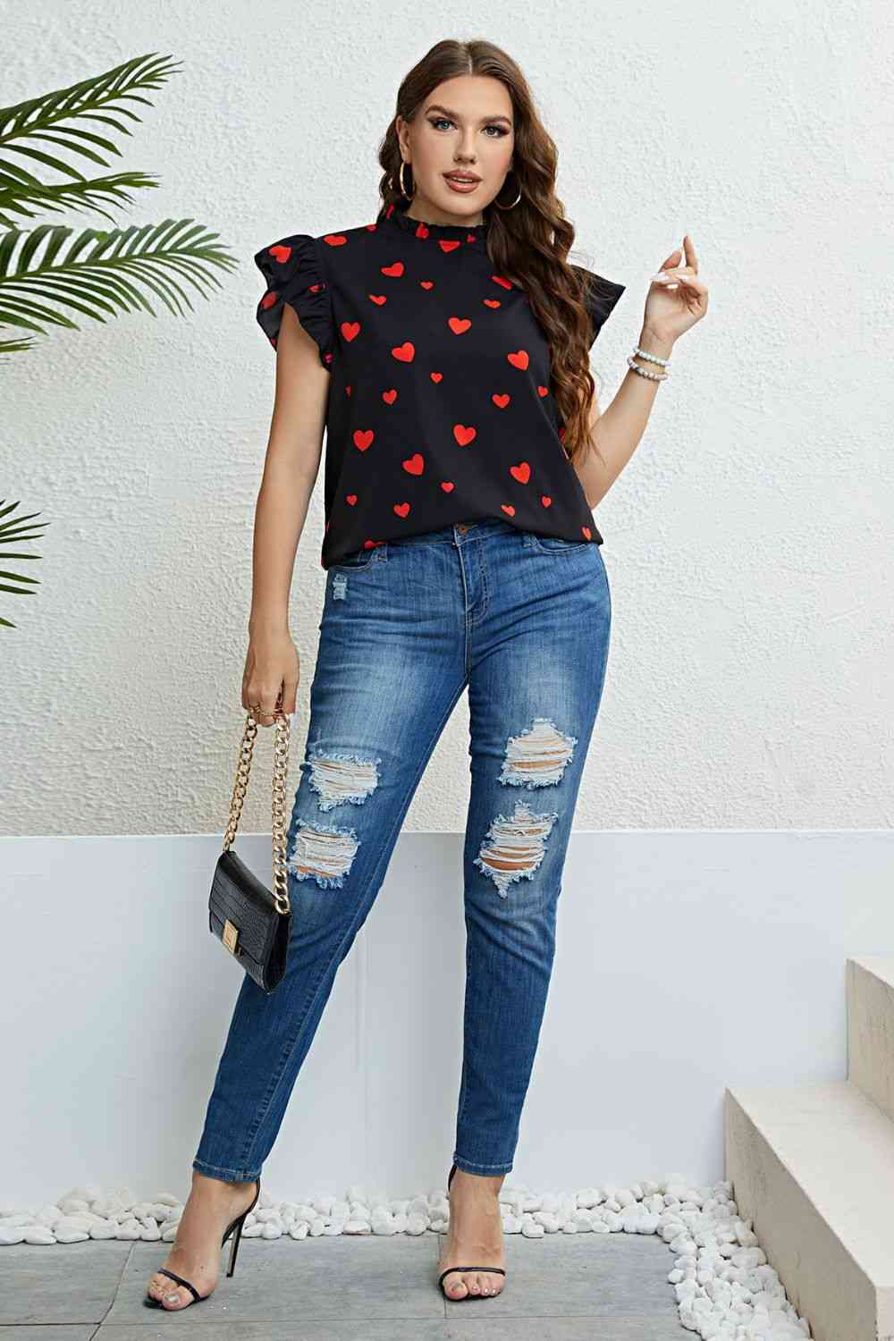 Plus Size Heart Print Butterfly Sleeve Mock Neck Top 