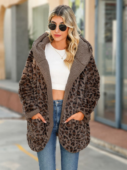 Leopard Hooded Coat with Pockets 