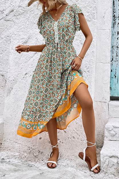 Bohemian V-Neck Flutter Sleeve Dress 