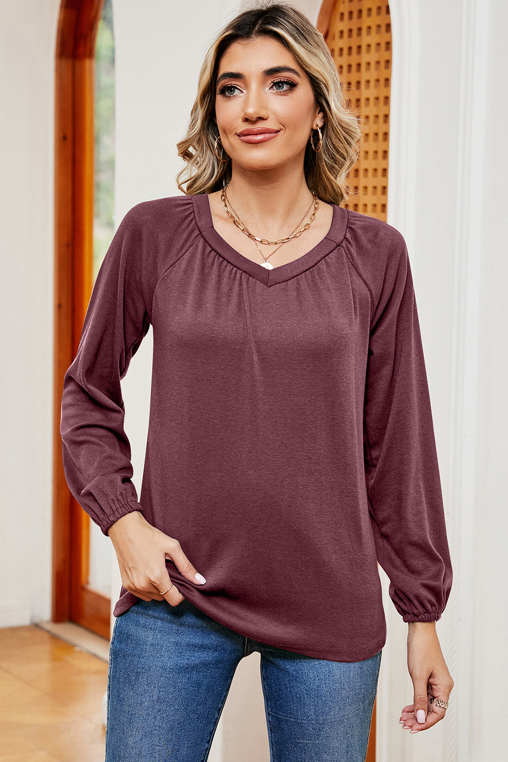 Ruched V-Neck Raglan Sleeve T-Shirt