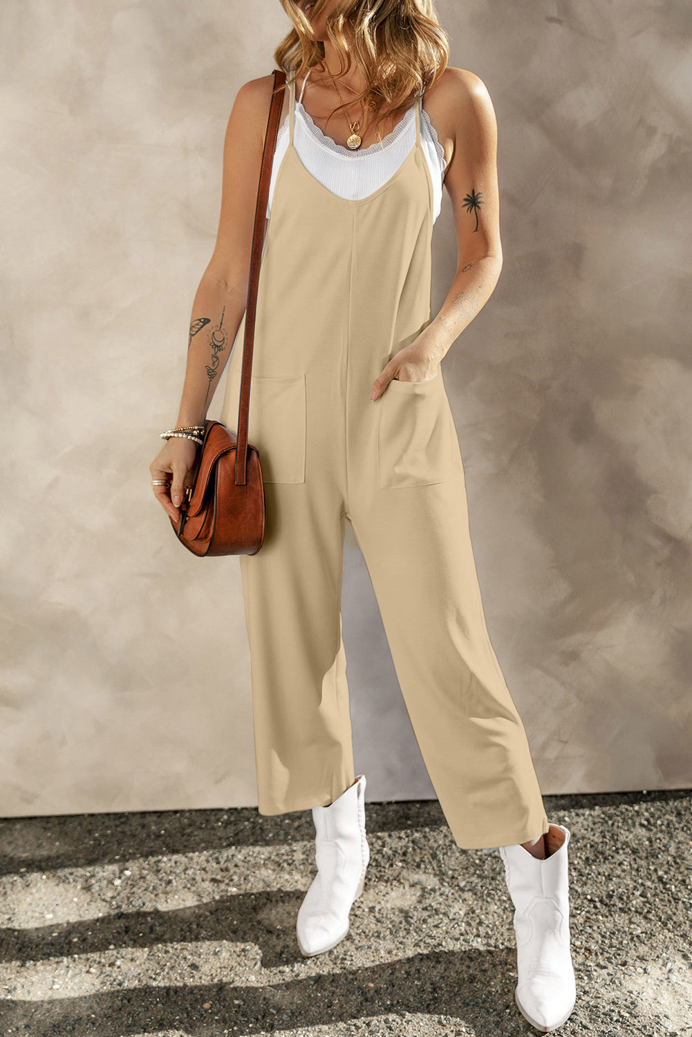 Pocketed Spaghetti Strap Wide Leg Jumpsuit - Babbazon Rompers